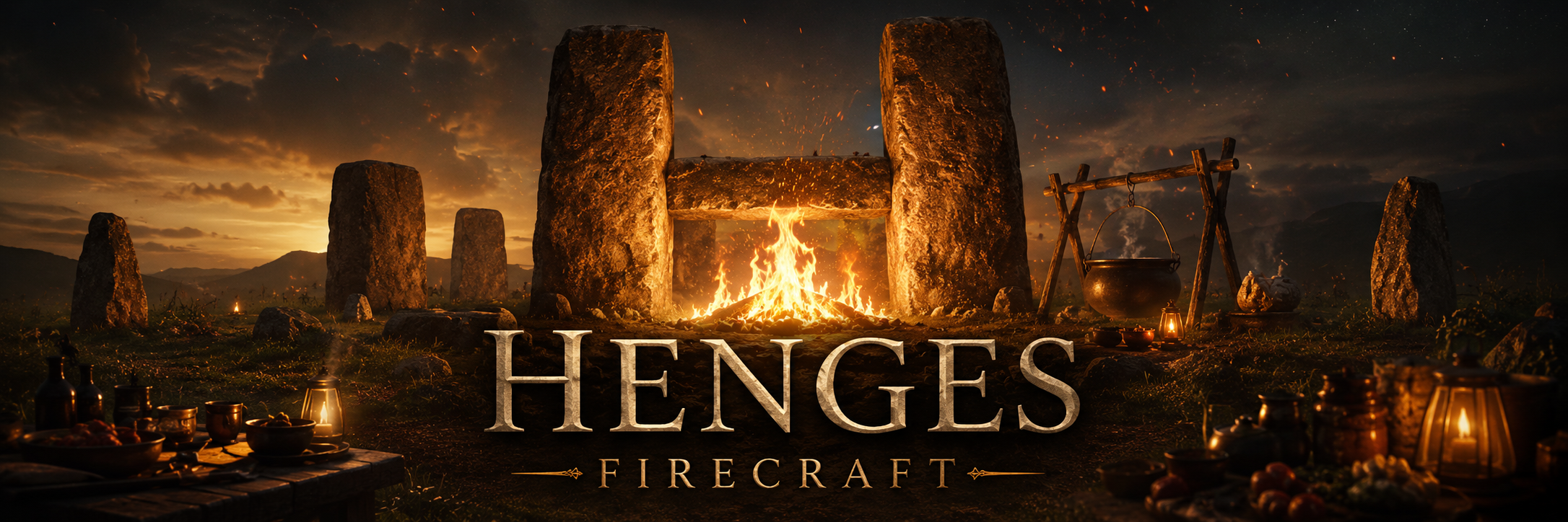 Ancient henge stones lit by a live fire, with a hanging cooking pot and an outdoor feast at night